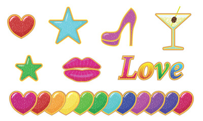 A set of sparkling sticker icons with a gold outline. Vector illustration.