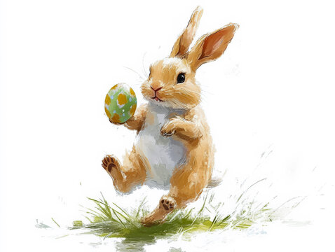 Illustration, Laufender, Hase, Osterhase mit Ei, freigestellt vor wei&szlig;em Hintergrund, Generative AI