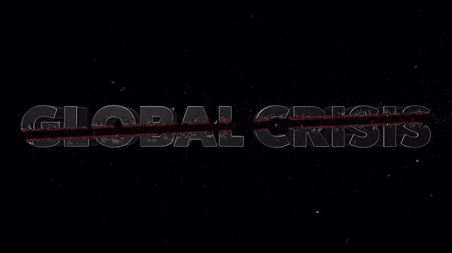 Red crossfire streak slicing through &ldquo;GLOBAL CRISIS&rdquo; text with flying particles and glowing melt trail, transparent background with alpha channel, overlay for news, geopolitics, and breaking headlines