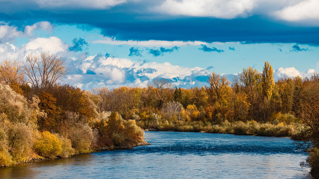 Autumn or indian summer view with reflections at Zulling, Dingolfing, Landau, Bavaria, Germany