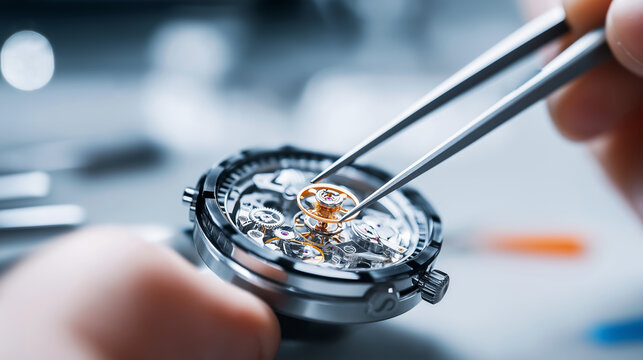 Hands carefully adjusting the intricate balance wheel of an open mechanical watch movement, symbolizing expertise and luxury