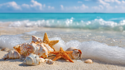 Muscheln und Seesterne am Strand, Generative KI