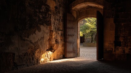 Stone archway of a castle bathed in warm daylight and glow