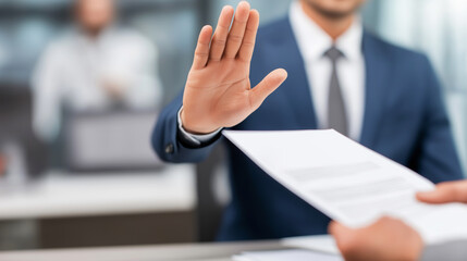 Businessman refusing an offer, raising hand in stop gesture, denying agreement or proposal. Concept of rejection, boundary or no