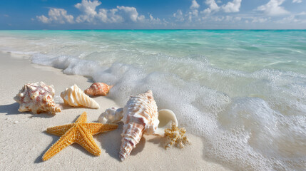 Muscheln und Seesterne am Strand, Generative KI