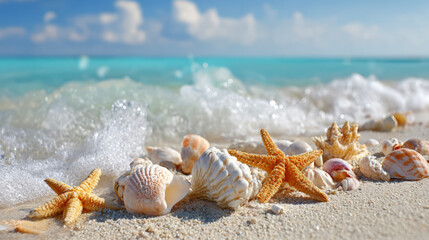 Muscheln und Seesterne am Strand, Generative KI