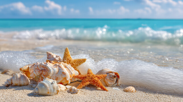 Muscheln und Seesterne am Strand, Generative KI
