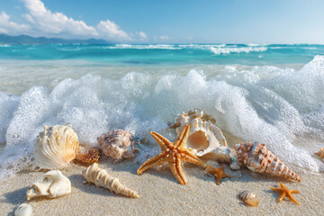 Muscheln und Seesterne am Strand, Generative KI