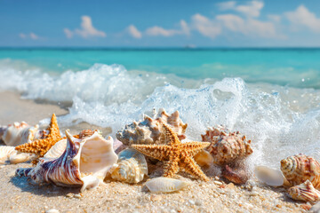 Muscheln und Seesterne am Strand, Generative KI