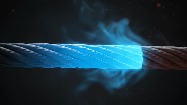 Cinematic Macro Slow Motion of Brilliant Blue Energy Flowing Through Cut Copper Cable