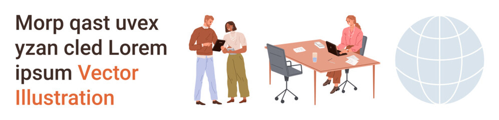 Obraz premium Business Networking. Teamwork, collaboration, office productivity, digital communication, global connectivity. Two people sharing ideas and third person working at desk. Teamwork office productivity