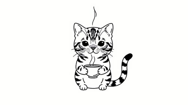 Adorable black and white illustration of a tiger cub holding a fish.