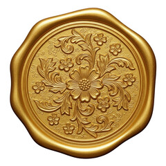 Golden seal with an intricate floral and decorative design isolated on transparent background