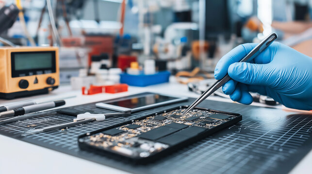 Technician hand in glove using tweezers working on electronics board for mobile phone repair and maintenance service