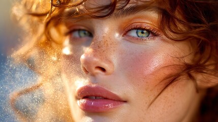 Redhead Woman with Freckles and Green Eyes Looking Away