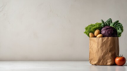 A brown paper shopping bag, filled to the top with varieties of fruit, on a light wood surface. Isolated on a turquoise blue background.