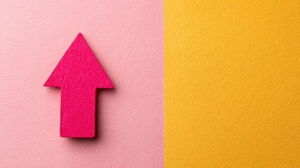 Red up arrow in the lawn grass. Copy space for text