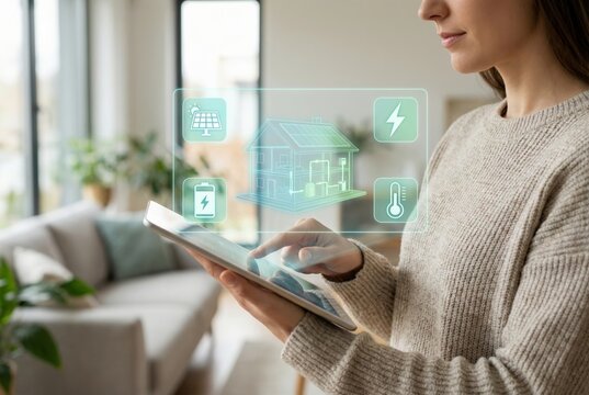 Woman using tablet to control smart home renewable energy solar panel system