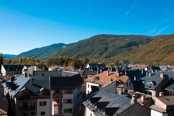 Panoramic view of the city of Biescas, seen from above