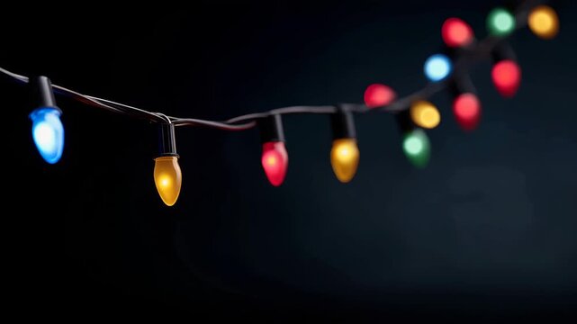 Closeup of colorful string lights softly blinking, festive holiday decoration with warm bokeh glow
