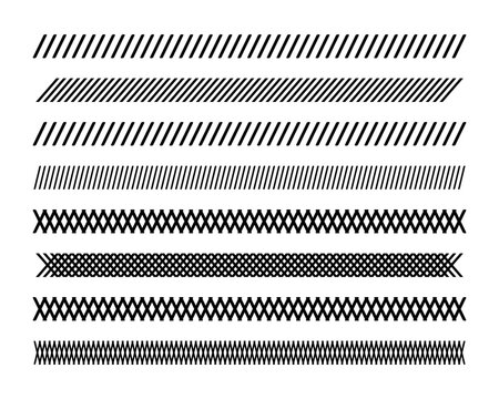 Set of slash and crossed lines borders. Slanted parallel stripes patterns. Tilted stitches and crosses embroidery ornaments on white background. Simple geometric prints. Vector graphic illustration