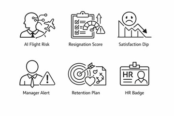 Fototapeta premium Icons depicting ai flight risk, resignation score, and employee management concepts