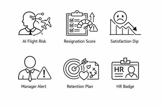 Icons depicting ai flight risk, resignation score, and employee management concepts
