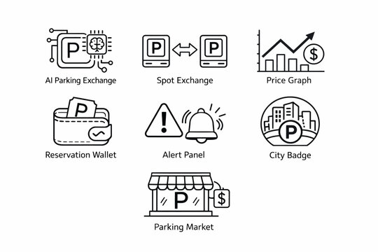 Ai parking exchange icons: spot exchange, price graph, reservation wallet, alerts