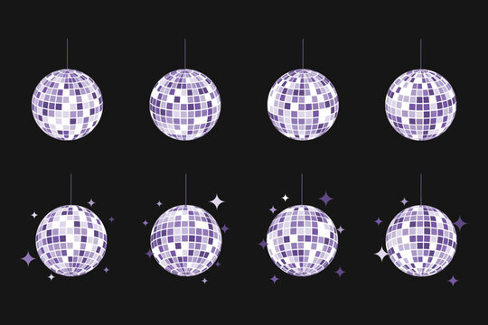 Set of purple discoballs with glitters isolated on black background. Music party shining spheres. Glitterball shapes. Mirror balls for nightclub retro discotheque. Vector flat illustration