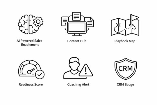Ai sales enablement icons including crm, content hub, playbook, and coaching alert
