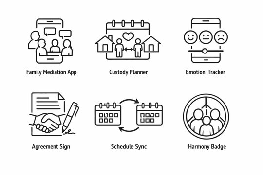 Family mediation app icons for custody planning and emotion tracking