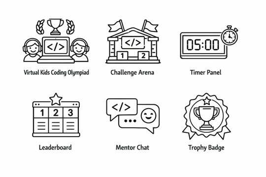 Virtual kids coding olympiad icons collection for programming competition