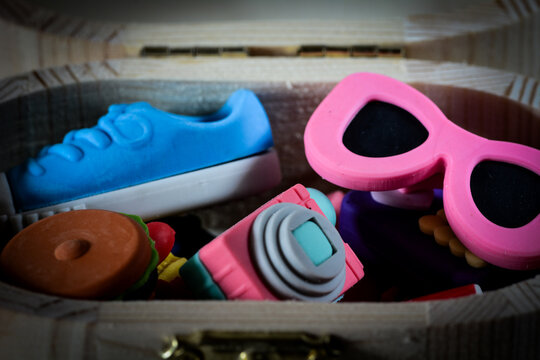 Collection of summer travel and holiday items accesories. Funny rubber toy mock up dummys