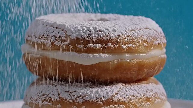 Two donuts stacked with powdered sugar falling around them.