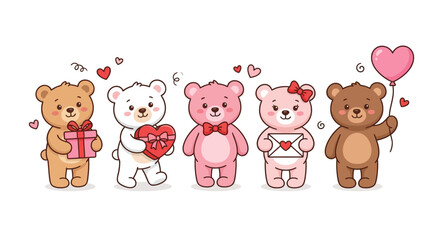 Obraz premium Valentine’s Day Teddy Bear Vector Set – Five Cute Cartoon Bears with Gift Box, Heart Balloon, Envelope, and Romantic Accessories for Love, Celebration, and Creative Projects