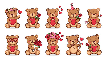Fototapeta premium Valentine’s Day Teddy Bear Vector Set – Ten Cute Cartoon Bears with Hearts, Roses, and Cupid Accessories for Romantic, Festive, and Creative Love-Themed Design Projects