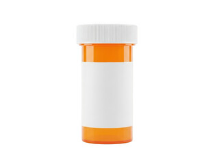 Empty pill container with orange and white cap sitting on a plain background