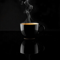 Aromatic Awakening: A sleek, black mug holds steaming coffee, its inviting aroma swirling upwards, a moment of tranquil indulgence.