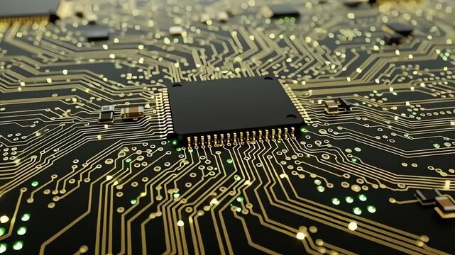 Close-up of a complex computer motherboard with a central processor chip.