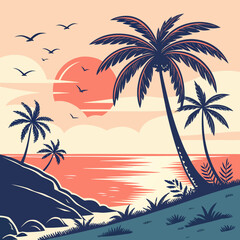 Fototapeta premium A serene tropical beach at sunset with palm trees Vector