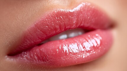 Pink Lip Gloss on Female Lips Close-up