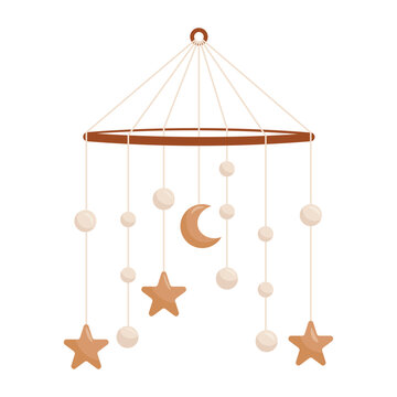 Hanging crib mobile with moon and star elements in soft flat style isolated on light background. Suitable for nursery decor, baby products, and children designs.