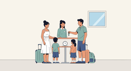 Family Receives Hotel Keys At Check-In Desk