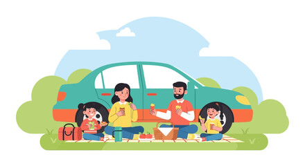 Family Road Trip Picnic Enjoying Nature Outdoors With Car Adventure