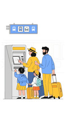 Family Using Self-Service Kiosk For Travel Planning And Ticket Purchases