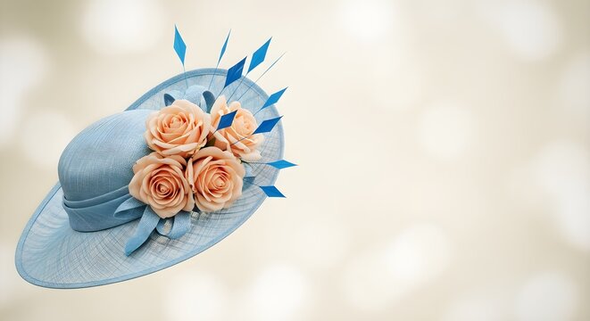 Elegant Blue Fascinator Hat Adorned with Delicate Peach Roses and Feather Accents for Special Occasions