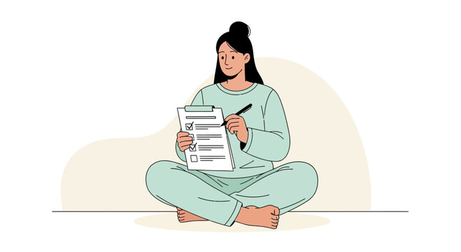 Focused Woman Completing A Checklist On A Clipboard While Sitting