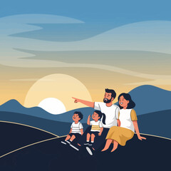 Family Watches A Scenic Sunset From A Hilltop Together