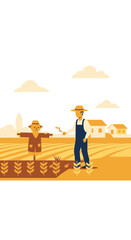 Farmer And Scarecrow In Cultivated Field Under Sunny Sky
