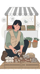 Farmer Arranges Fresh Mushrooms At A Vibrant Outdoor Produce Stand